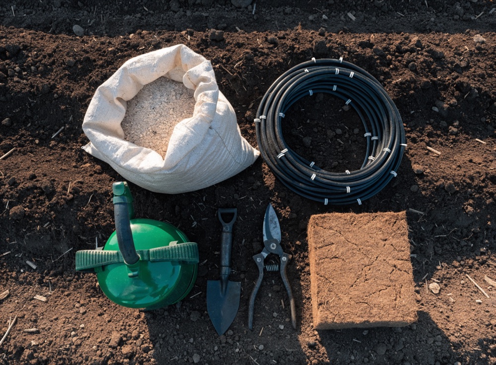 Agricultural inputs and tools laid out on soil